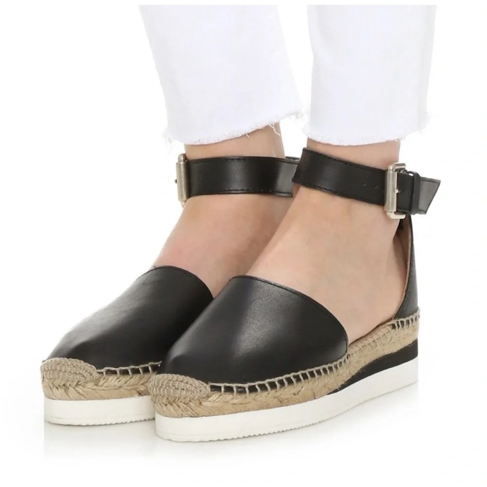 See by Chloe -women’s Glyn Espadrille black leather ankle strap platform shoes 8